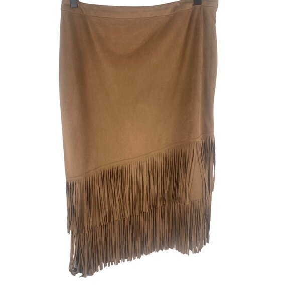 Chicos Fringe Hem Tan Midi Skirt Size 6 Polyester Spandex Western Faux Suede - Picture 1 of 9